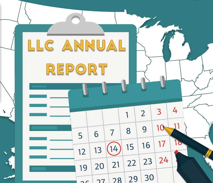 A map of the U.S. with a clipboard on top reading L L C Annual Report and a calendar with the 14th circled