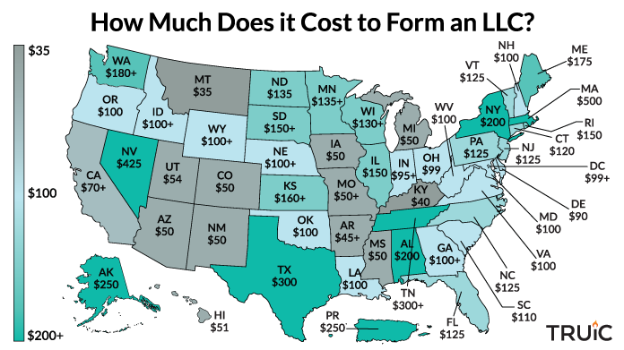 A map of the United States showing the cost to form an LLC in each state