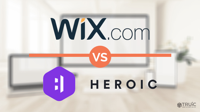 Wix and Heroic logos on a blurred background.
