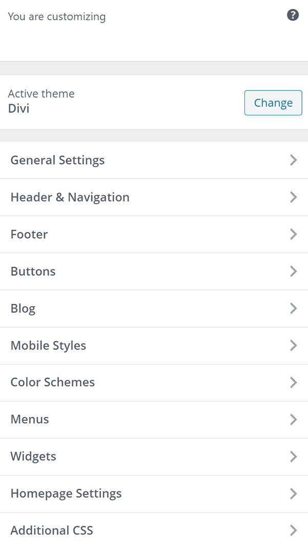 WordPress customizing theme panel sidebar with Divi theme.