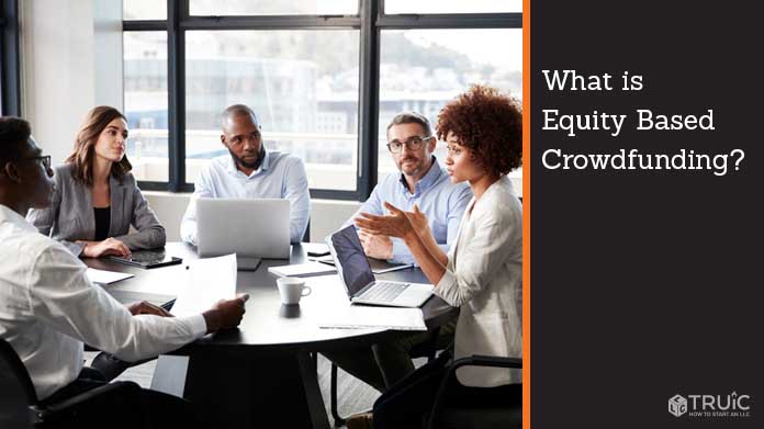 People talking at a conference table. Text to the right reads, "What is equity based crowdfunding?