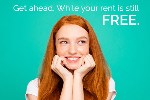 A girl with red hair with the caption Get Ahead. While your rent is still free.