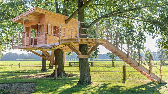 A luxury treehouse built onto two trees
