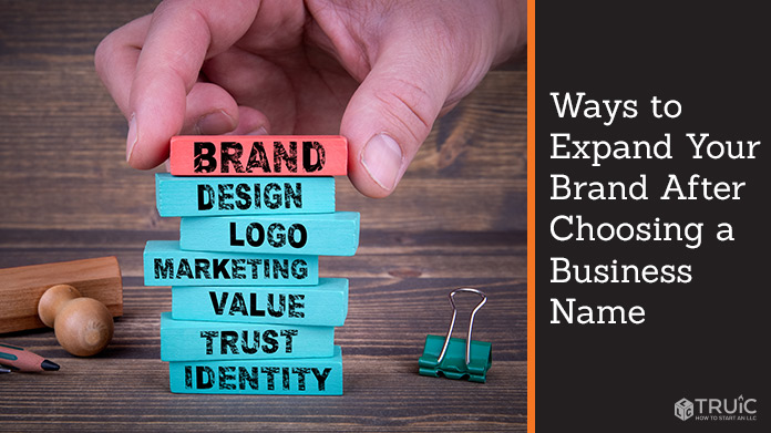Stack of branding words on wood blocks: brand, logo, design, marketing, value, trust, and identity