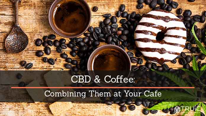 Cups of coffee, coffee beans, pastries, and marijuana leaves