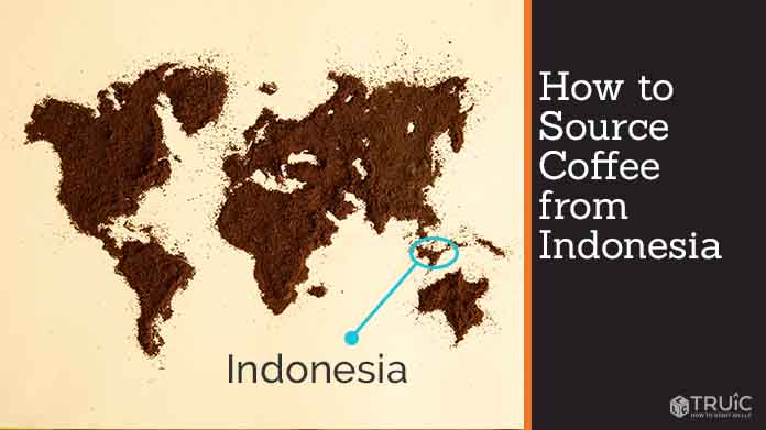 A map of the world, made of coffee grounds, pointing toward Indonesia