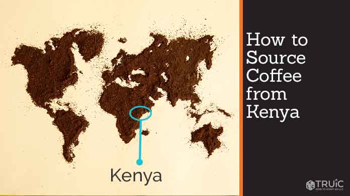 A map of the world, made of coffee grounds, pointing toward Kenya