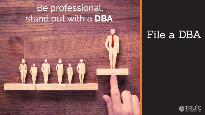 7 wood cut-outs of business people with one cut-out raised higher. Caption: Be professional, stand out with a D B A.