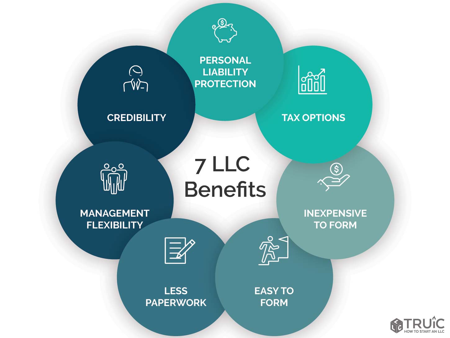7 LLC Benefits infographic: Personal Liability Protection, Tax Options, Inexpensive to Form, Easy to Form, Less Paperwork, Management Flexibility, and Credibility. s