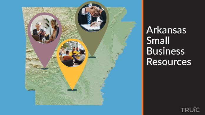A map of Arkansas with Arkansas small business resources highlighted.