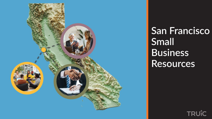 A map of California with San Francisco  small business resources highlighted.