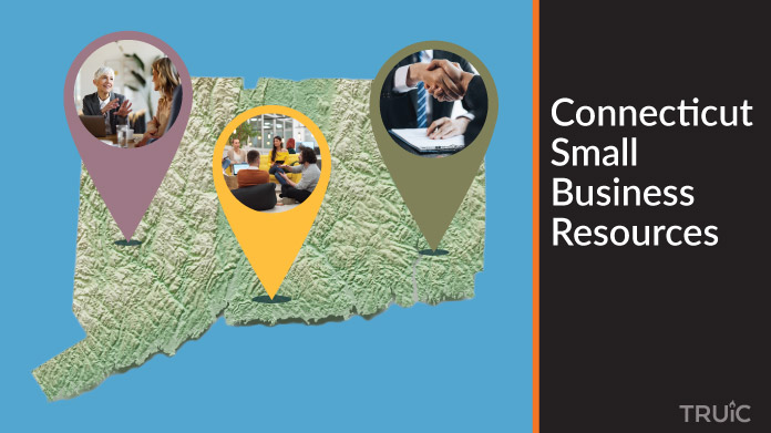 A map of Connecticut with Connecticut small business resources highlighted.