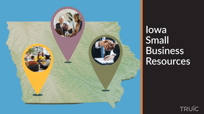 A map of Iowa with Iowa small business resources highlighted.