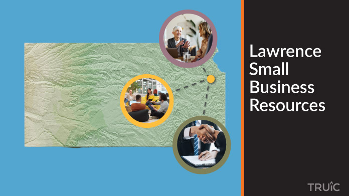 A map of Kansas with Lawrence small business resources highlighted.