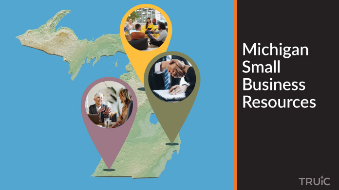A map of Michigan with Michigan small business resources highlighted.