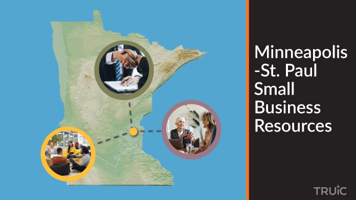 A map of Minnesota with Minneapolis–Saint Paul small business resources highlighted.