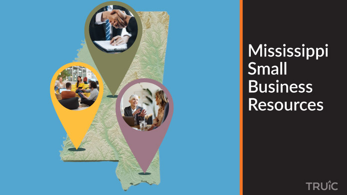 A map of Mississippi with Mississippi small business resources highlighted.
