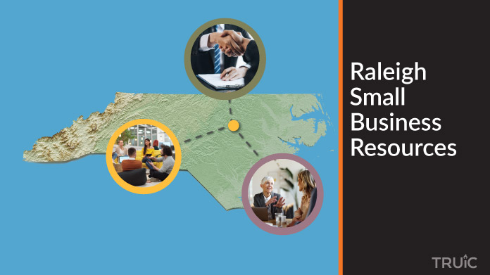 A map of North Carolina with Raleigh small business resources highlighted.