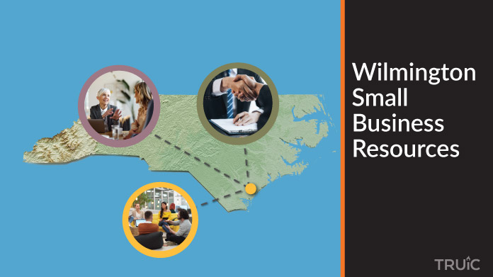 A map of North Carolina with Wilmington small business resources highlighted.