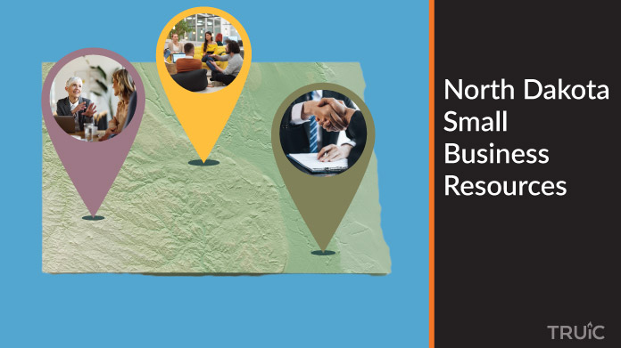 A map of North Dakota with North Dakota small business resources highlighted.