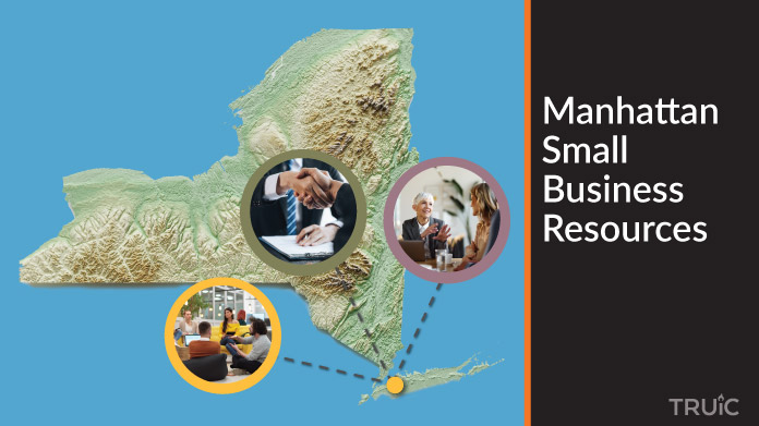 A map of New York with Manhattan small business resources highlighted.