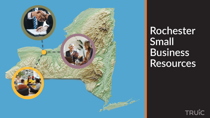 A map of New York with Rochester small business resources highlighted.