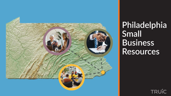 A map of Pennsylvania with Philadelphia small business resources highlighted.