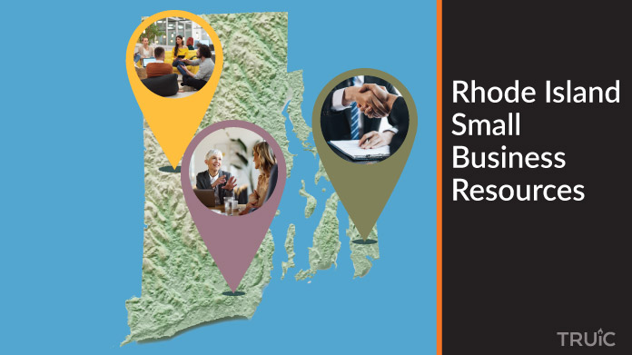 A map of Rhode Island with Rhode Island small business resources highlighted.