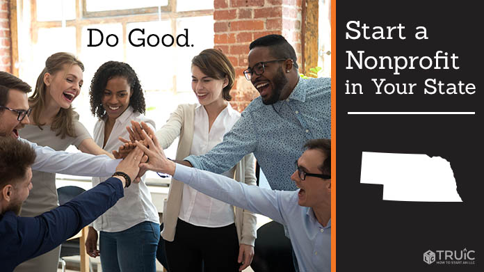Group of excited coworkers putting their hands in the middle with text above them that says Do Good.