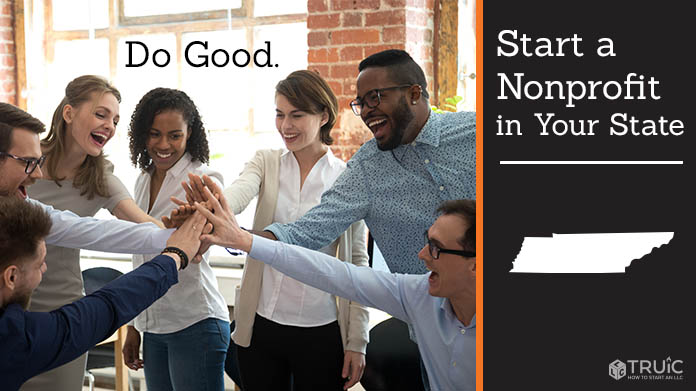 Group of excited coworkers putting their hands in the middle with text above them that says "Do Good."