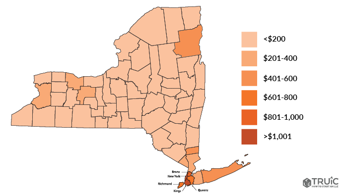 Map showing New York publication costs by county.