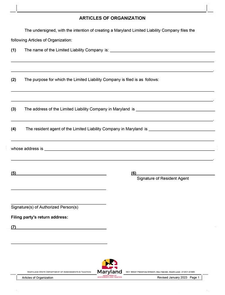 An image of the manual LLC filing form for the state of Maryland