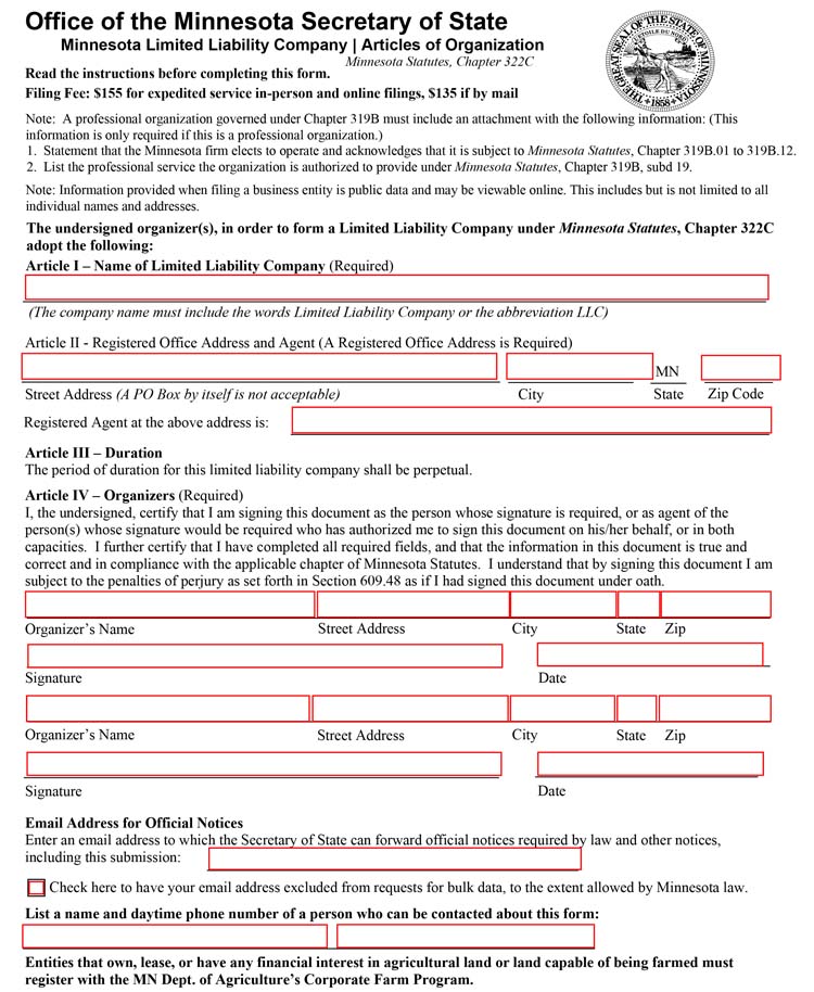 An image of the manual LLC filing form for the state of Minnesota