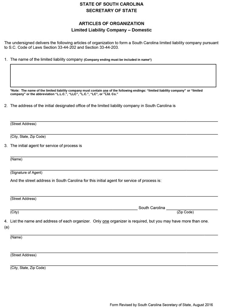 An image of the manual LLC filing form for the state of South Carolina