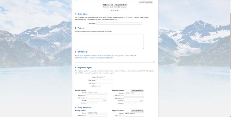 An image of the online LLC filing form for the state of Alaska
