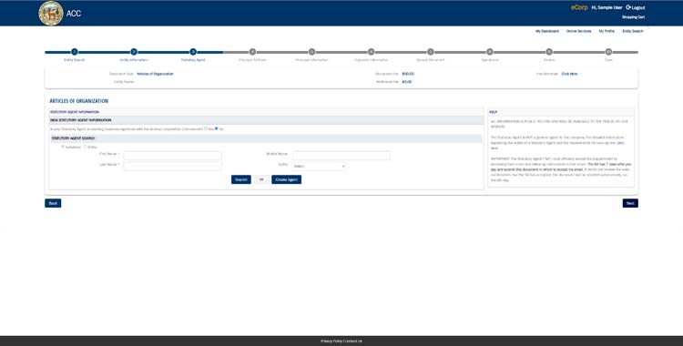 An image of the online LLC filing form for the state of Arizona