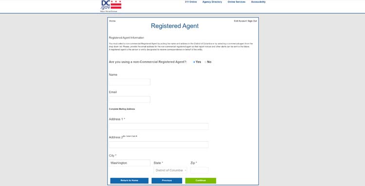 An image of the online LLC filing form for the District of Columbia