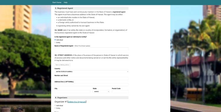 An image of the online LLC filing form for the state of Hawaii