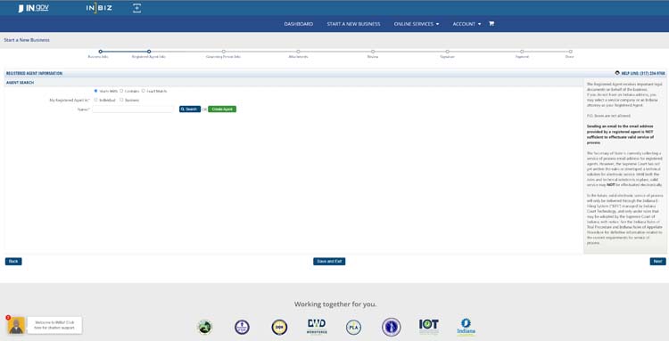An image of the online LLC filing form for the state of Indiana