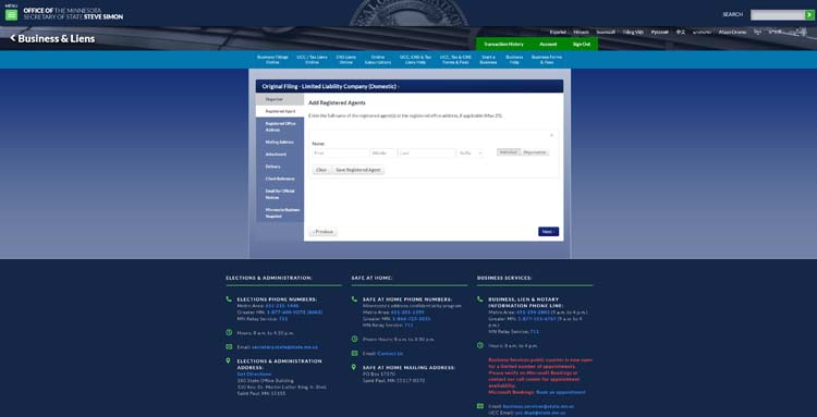 An image of the online LLC filing form for the state of Minnesota