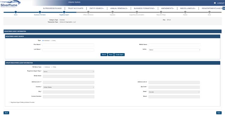 An image of the online LLC filing form for the state of Nevada
