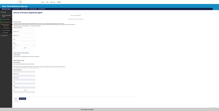 An image of the online LLC filing form for the state of New York