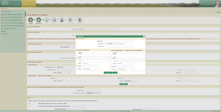 An image of the online LLC filing form for the state of Vermont