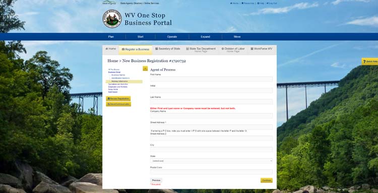 An image of the online LLC filing form for the state of West Virginia