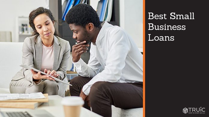 Two professionals discussing business documents and text that reads, Best Small Business Loans.