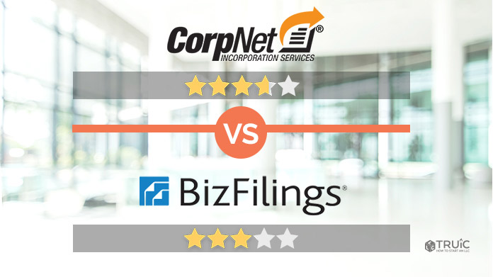 CorpNet with 3.6 stars versus BizFilings with 3 stars.