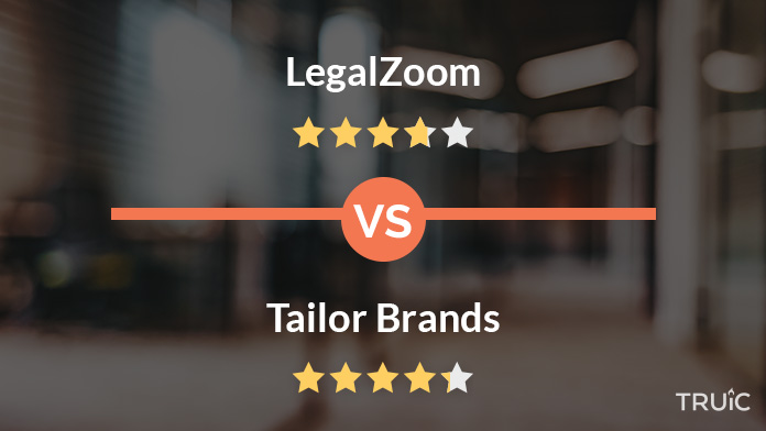 LegalZoom logo above 3.6 stars and Tailor Brands logo above 4.5 stars.