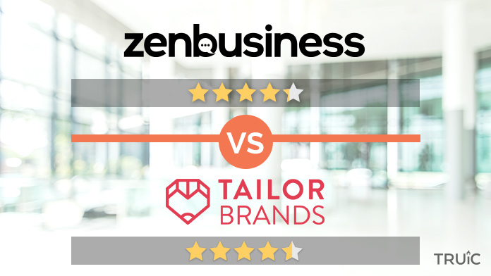 ZenBusiness logo above 4.2 stars and Tailor Brands logo above 4.5 stars.