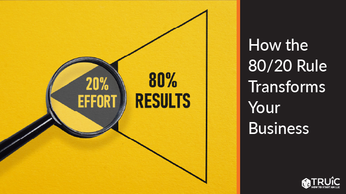 Magnifying glass highlights 20% Effort leading to 80% Results in a funnel diagram.