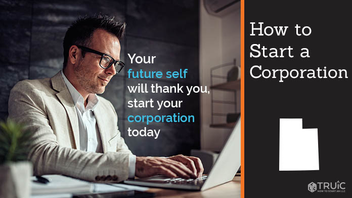 Man at desk typing on laptop with text reading "How to start a corporation"